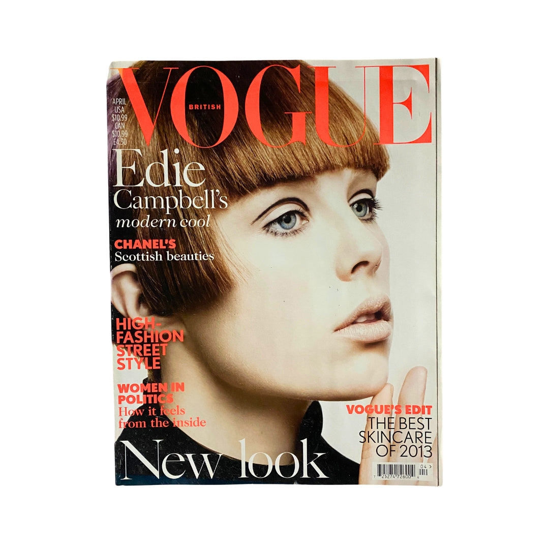 Cover of Vogue UK Magazine April 2013 featuring Edie Campbell, showcasing her modern cool style with features on high fashion, Scottish beauties, and women in politics. Title: Vogue UK Magazine April 2013 Edie Campbell Cover No Label VG.