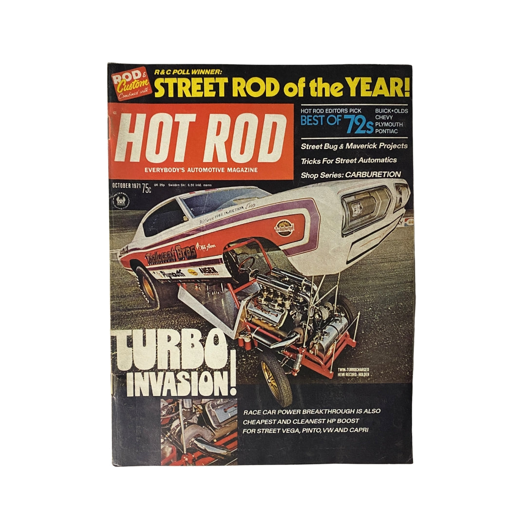 Cover of Hot Rod Magazine October 1971 featuring the Twin-Turbocharged Hemi Record-Holder and the headline 'Turbo Invasion' highlighting automotive innovations.