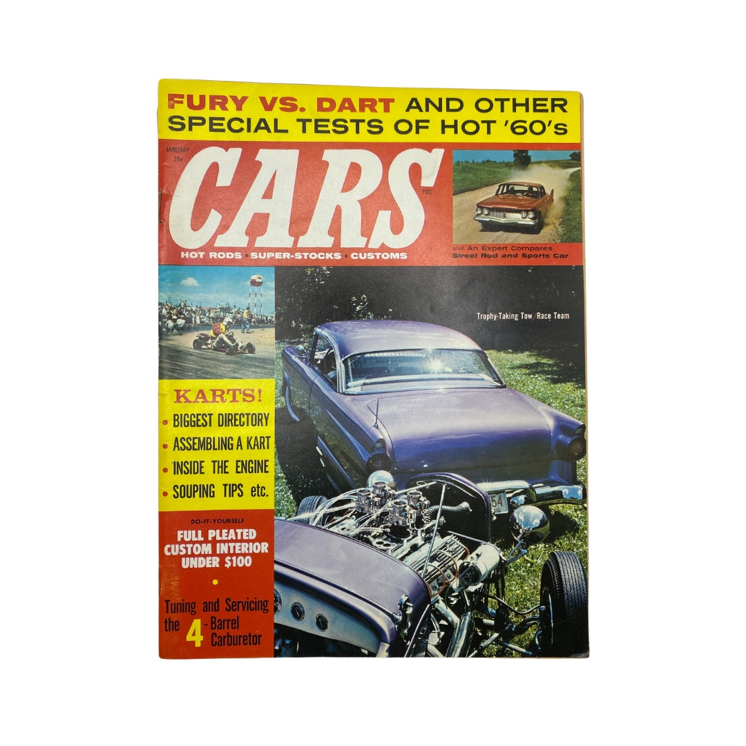 VTG Cars Magazine January 1960 Vol 1 No. 2 featuring the Trophy-Taking Tow Race Team on the cover, showcasing automotive history with classic car images and advertisements.