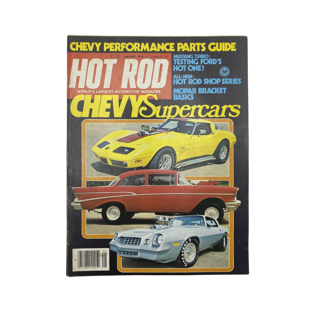 Cover of VTG Hot Rod Magazine January 1979 featuring Chevy Supercars, showcasing iconic vintage cars with vibrant colors and performance highlights.