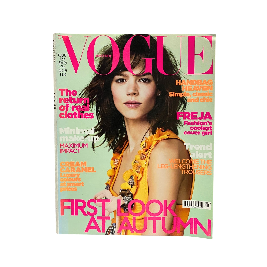 Vogue UK Magazine August 2010 featuring Freja Beha Erichsen on the cover, showcasing vibrant fall fashion, with bright colors and bold text highlighting autumn trends and styles.