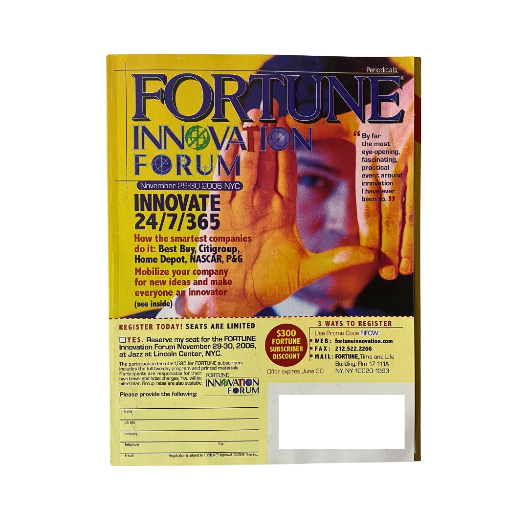 Back cover of Fortune Magazine, November 29-30, 2006, featuring the Fortune Innovation Forum advertisement with a highlighted hand gesture and event details.