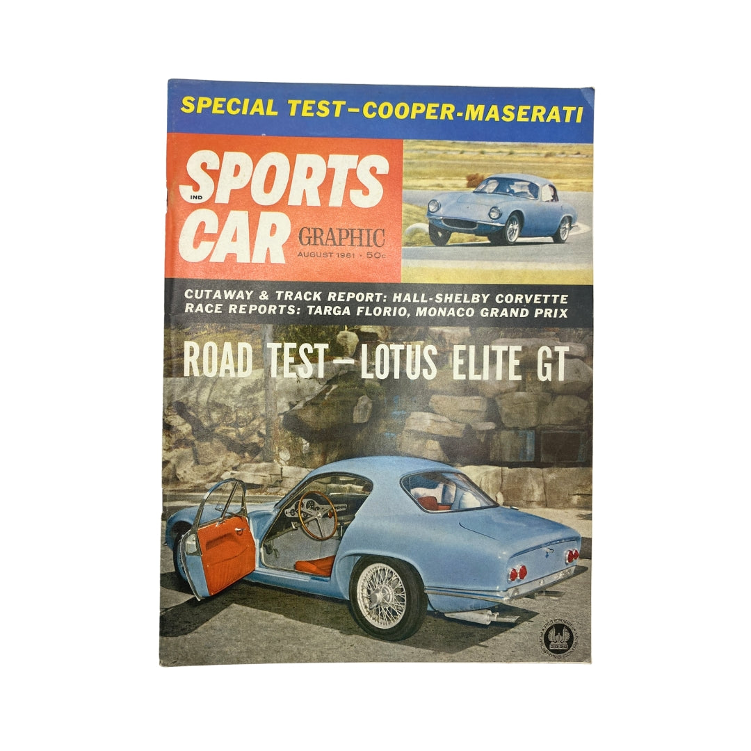 Vintage Sports Car Graphic Magazine from August 1961 featuring a Road Test of the Lotus Elite GT, highlighting automotive history and elegance in sports car design.