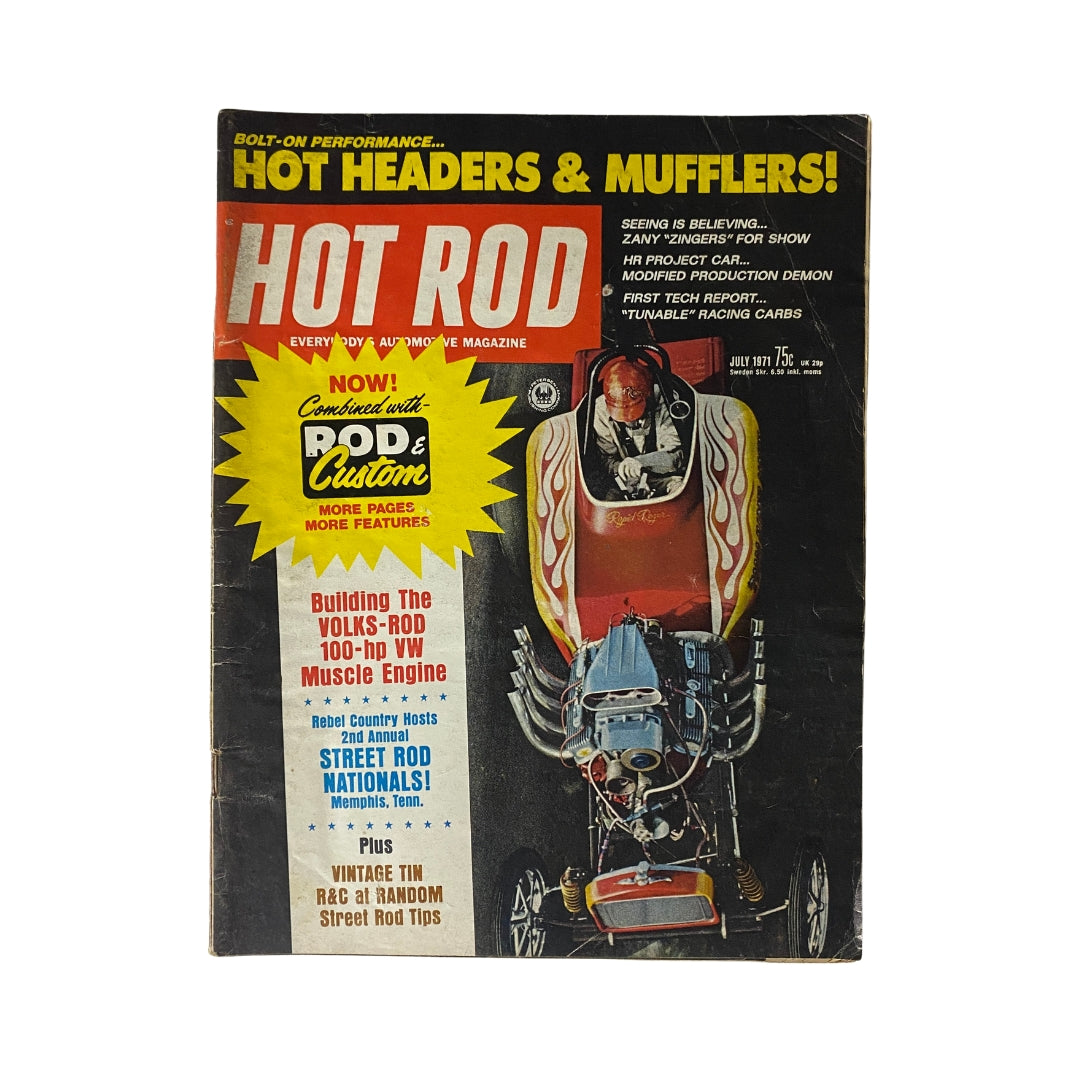 VTG Hot Rod Magazine July 1971 cover featuring a vibrant hot rod with flames, announcing articles on automotive performance, hot headers, and mufflers.