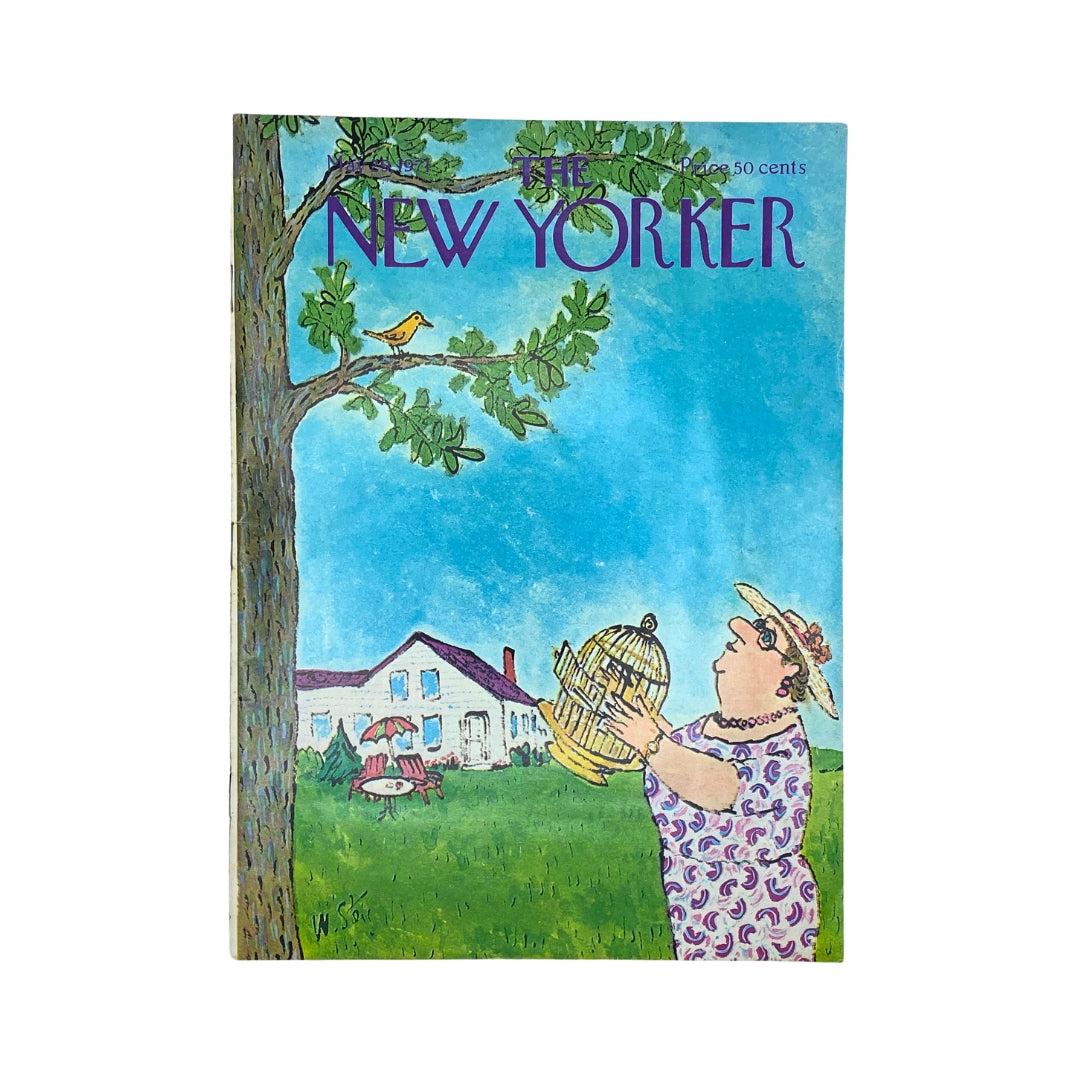 Cover of The New Yorker Complete Magazine May 29, 1971, featuring a colorful illustration by William Steig depicting a woman holding a birdcage outdoors.