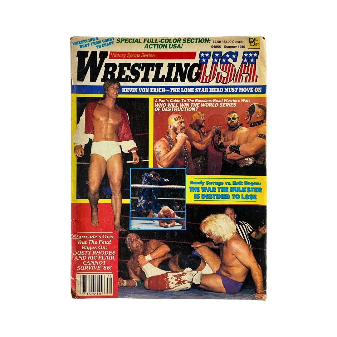 Cover of VTG Wrestling USA Magazine Summer 1986 featuring Kevin Von Erich and Ric Flair, showcasing wrestling action and iconic rivalries from the 1980s.
