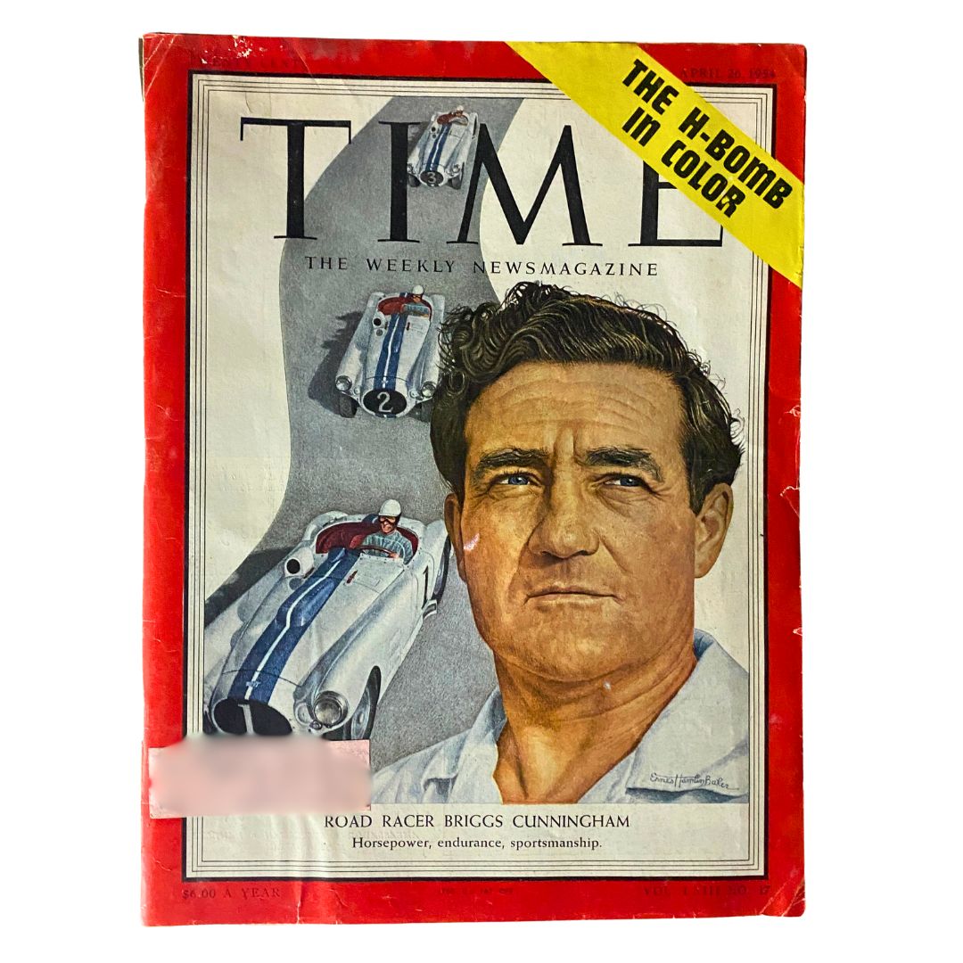 Vintage Time Magazine from April 26, 1954 featuring road racer Briggs Cunningham on the cover, highlighting his achievements in the automotive world.