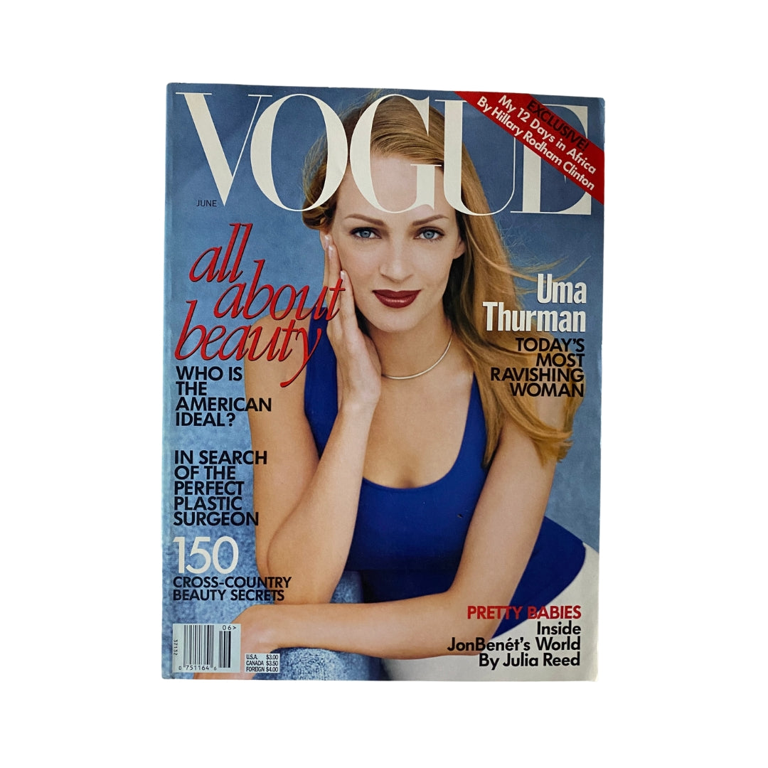 Vogue Magazine June 1997 featuring Uma Thurman on the cover, titled 'All About Beauty'. Highlights include articles on beauty standards and the perfect plastic surgeon.