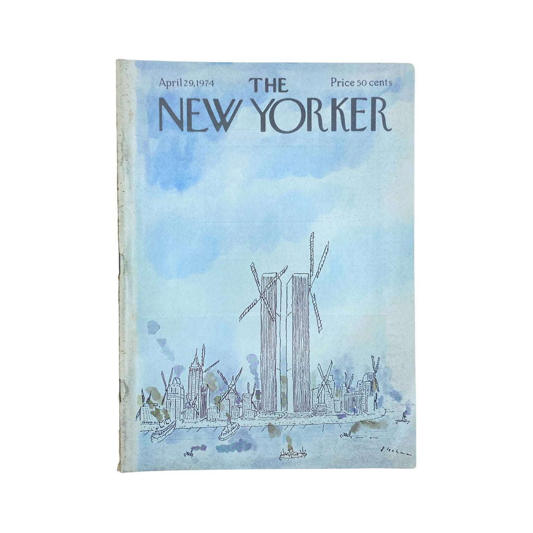 The New Yorker Complete Magazine April 29, 1974 featuring an iconic cover by RO Blechman showcasing a watercolor style illustration of the Twin Towers and New York City skyline.
