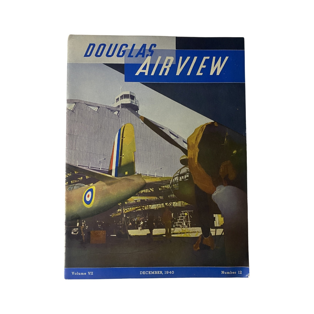 Cover of Douglas Airview Magazine December 1940 featuring an aircraft and vibrant colors, symbolizing advancements in aviation and aerial security.