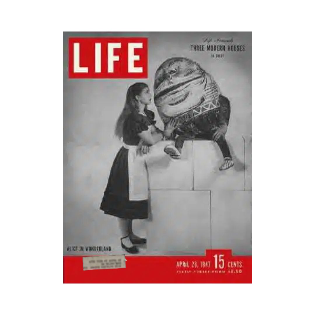 VTG Life Magazine April 28, 1947 featuring Bambi Lynn as Alice in Wonderland, showcasing a whimsical cover illustration with Alice and the Cheshire Cat.