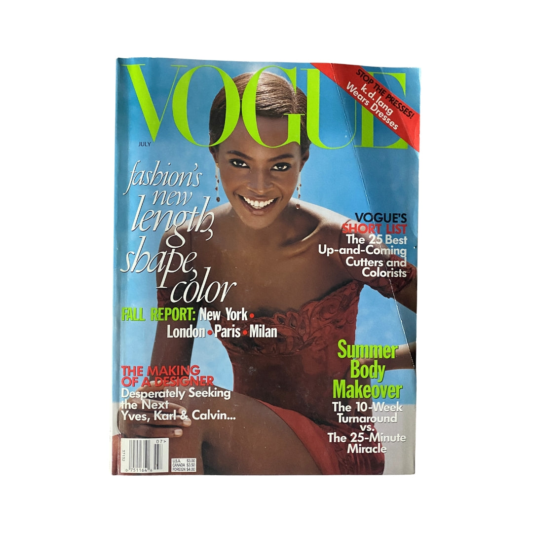 Vogue Magazine July 1997 cover featuring Kiara Kubukuru, showcasing fashion trends for summer including styles, colors, and body shapes.