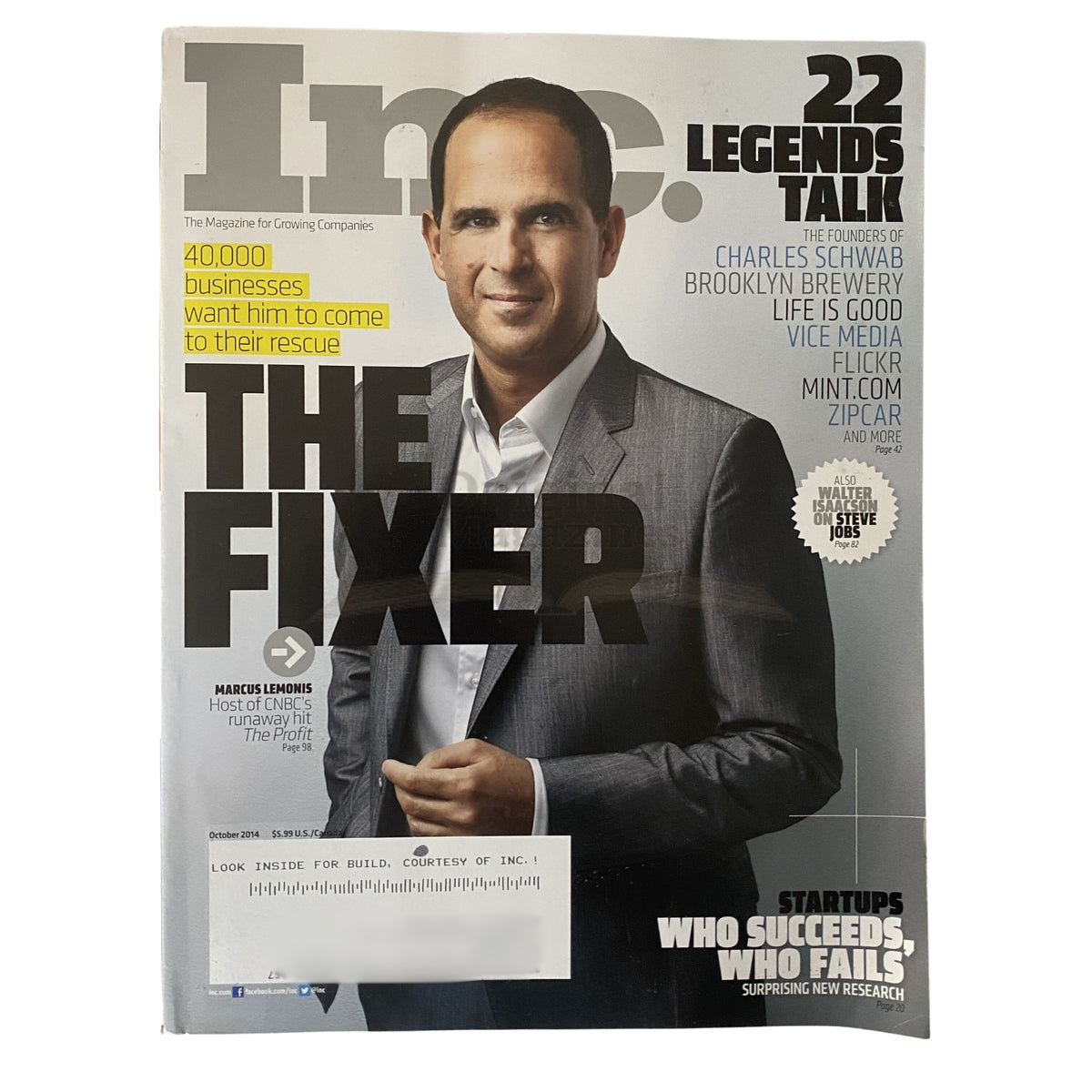 Inc. Magazine October 2014 cover featuring Marcus Lemonis, host of CNBC's The Profit, highlighting entrepreneurship with the title 'The Fixer'.