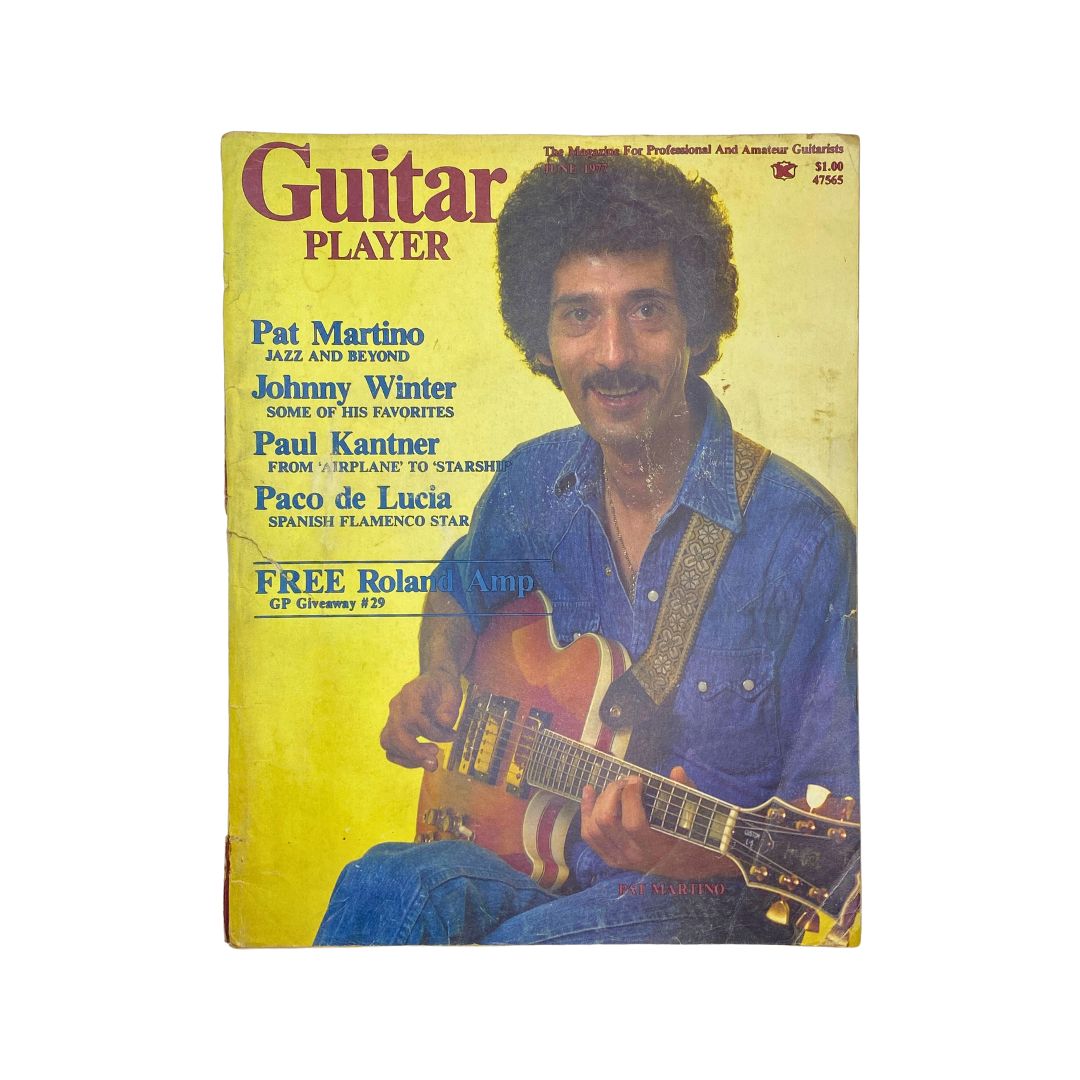 Cover of Guitar Player Magazine June 1977 featuring Pat Martino, showcasing articles about various guitar legends including Johnny Winter and Paco de Lucia.