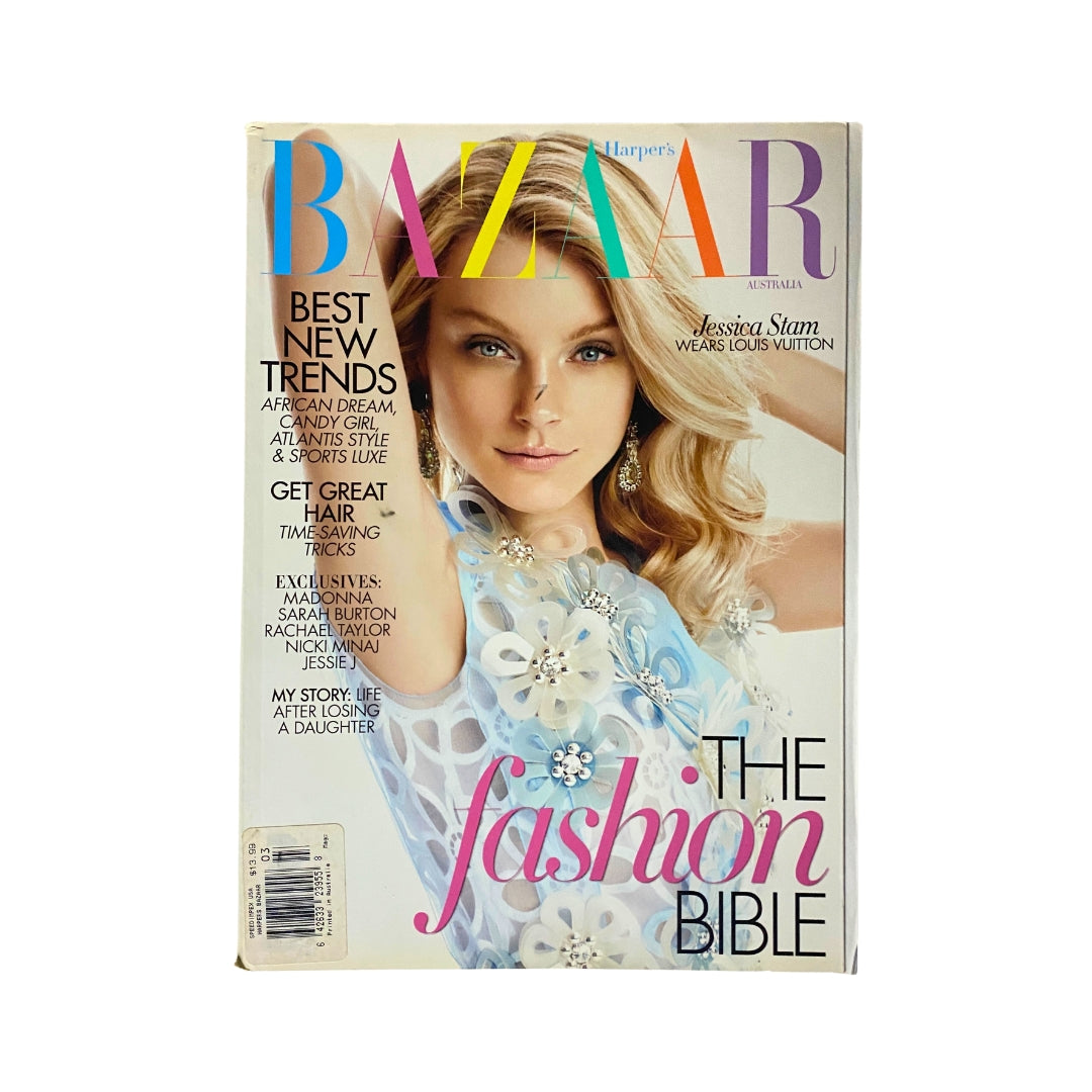 Cover of Harper's Bazaar Australia Magazine Spring 2012 featuring Jessica Stam, showcasing modern fashion trends and styled as the fashion bible.