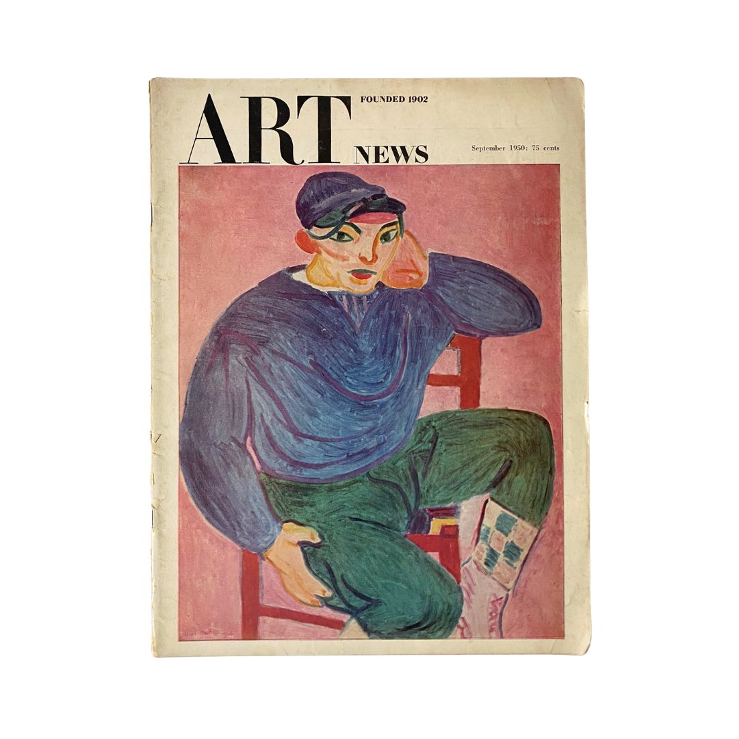 Cover of the VTG Art News Magazine September 1950 featuring the title and a colorful illustration of a seated figure, showcasing the essence of vintage art publications.