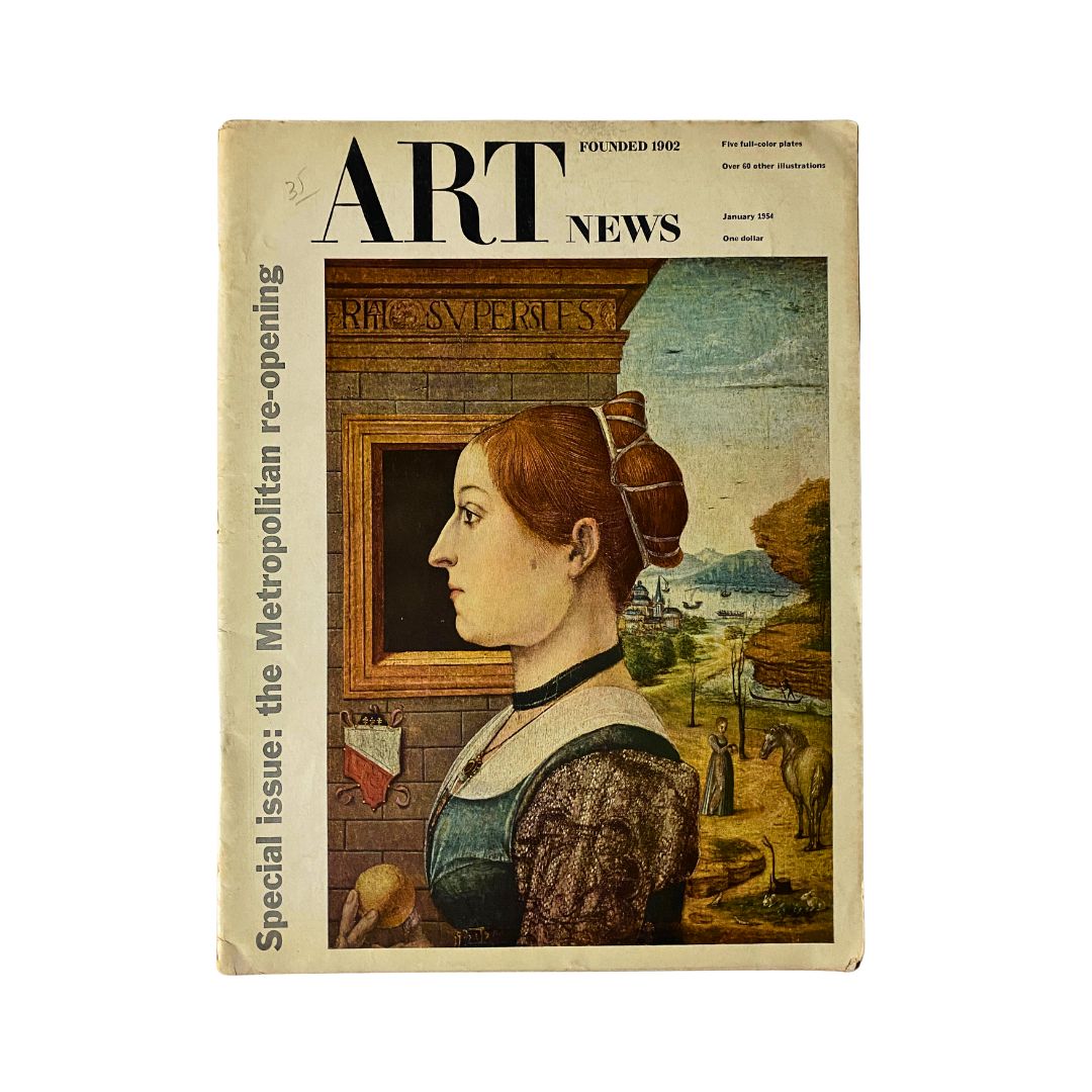 Cover of VTG Art News Magazine, January 1954 edition, celebrating the Metropolitan Museum re-opening with artwork depicting a woman in profile next to a painting.