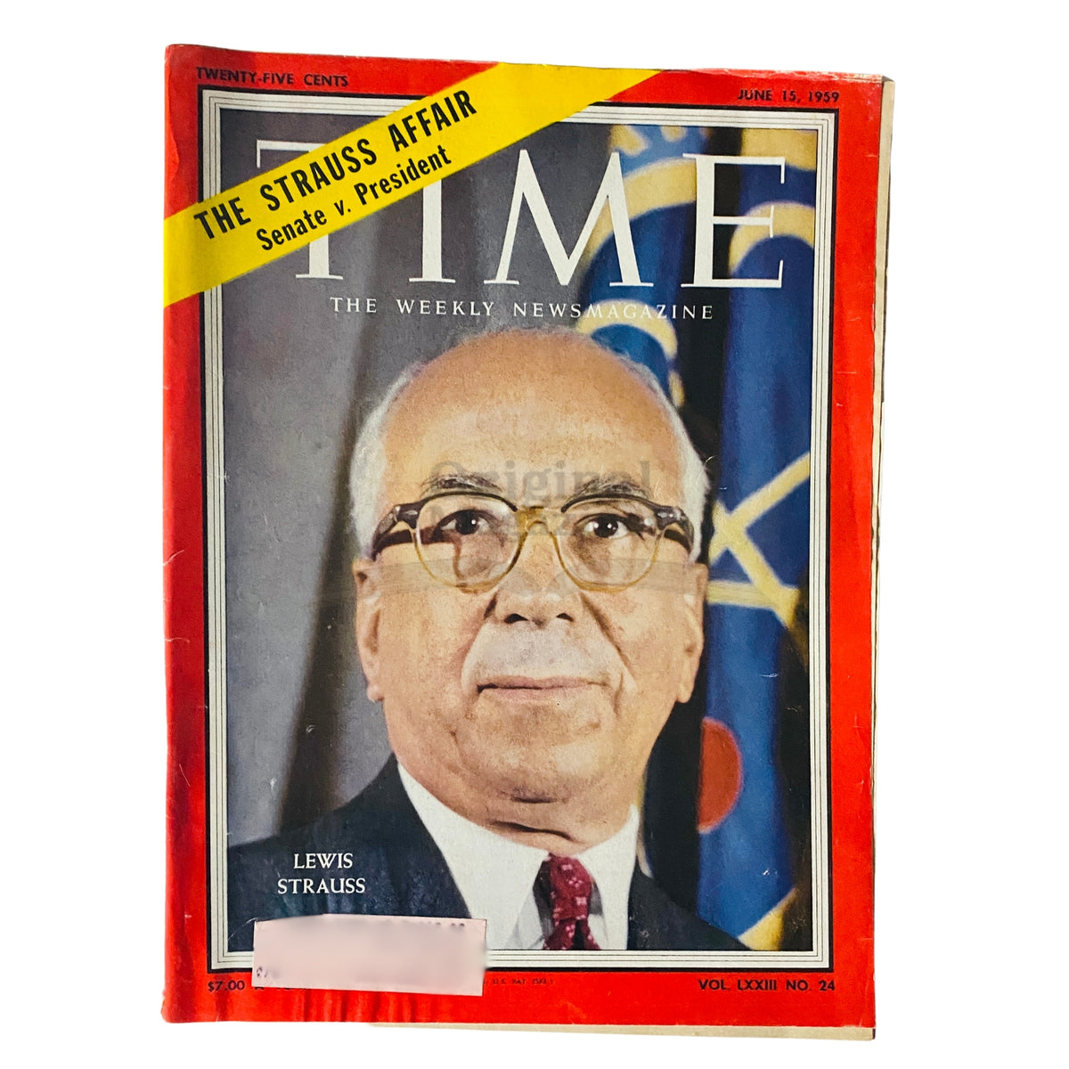 Time Magazine cover from June 15, 1959, Volume 73, Number 24 featuring Lewis Strauss. This collectible vintage magazine highlights significant historical events and cultural shifts in the late 1950s.