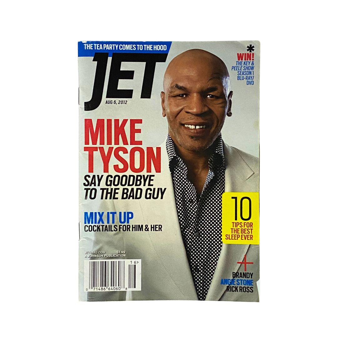 Cover of Jet Magazine August 6, 2012, featuring Mike Tyson and the title 'Say Goodbye to the Bad Guy', showcasing his transformation and style.