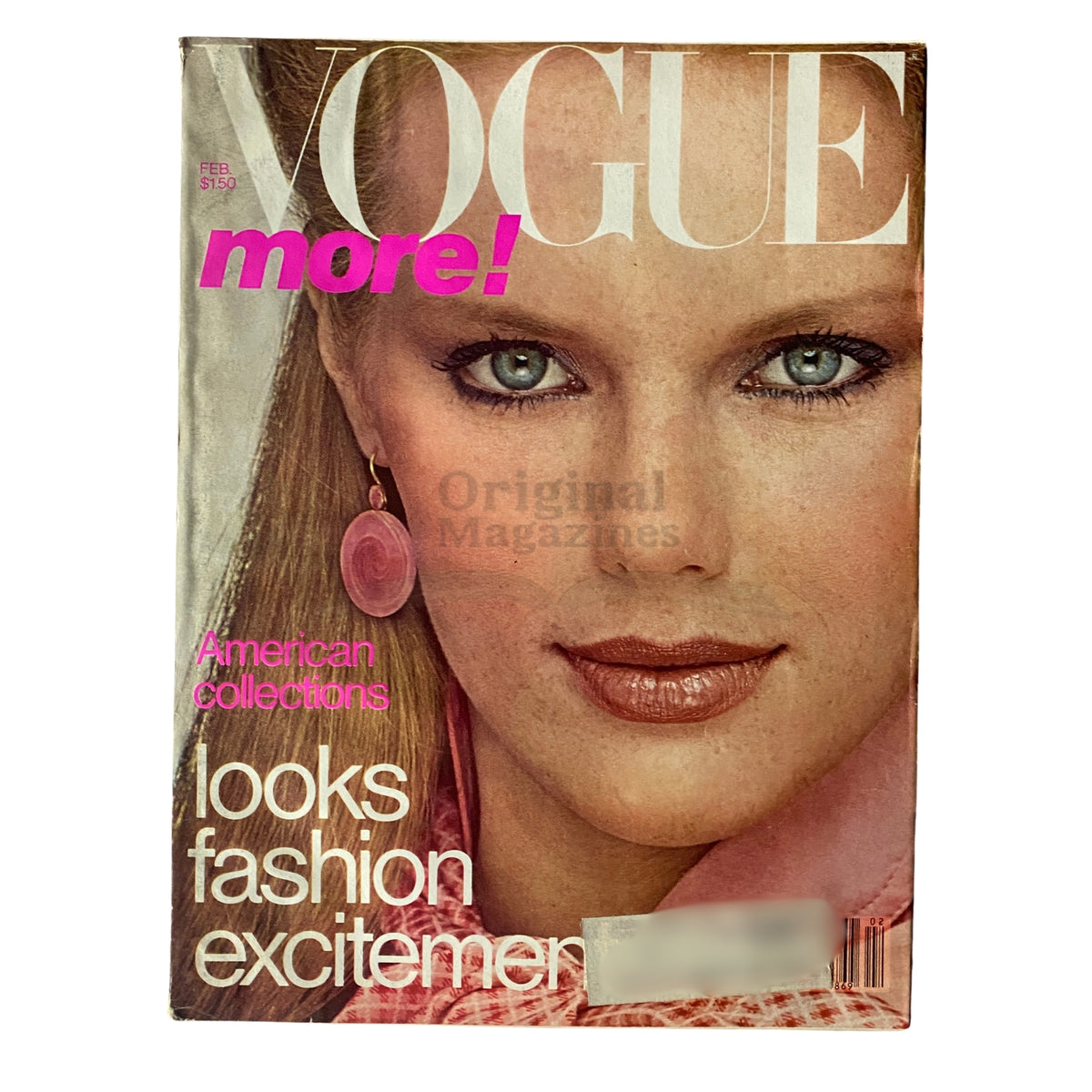 Vogue Magazine February 1978 cover featuring Patti Hansen, showcasing her striking features and bold fashion statement, highlighting the excitement of American collections and fashion trends.