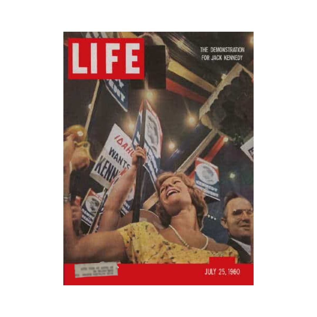 Vintage Life Magazine cover from July 25, 1960, featuring the Kennedy for President demonstration, showcasing a jubilant crowd with signs in support of Kennedy.