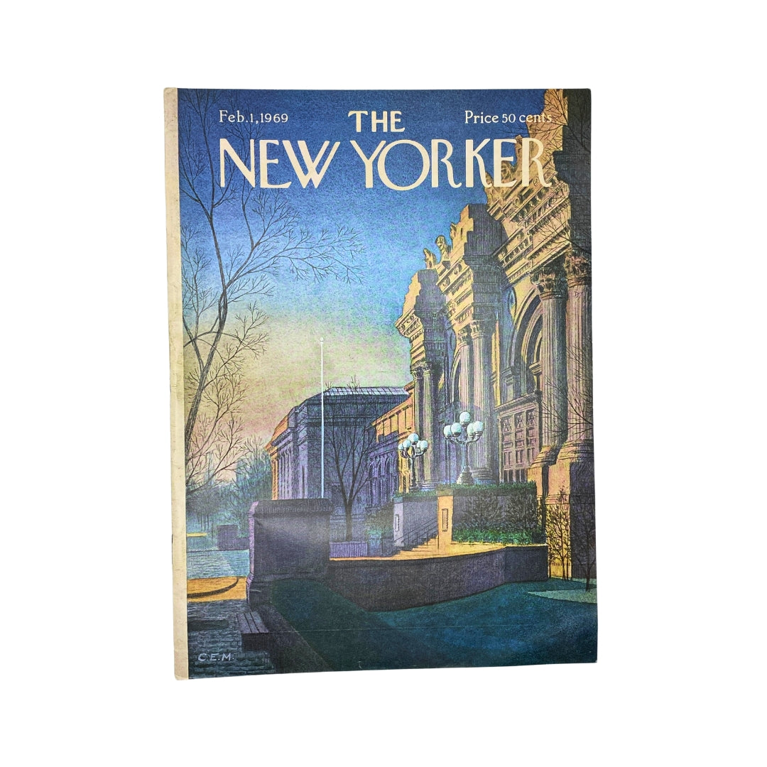 The New Yorker Complete Magazine February 1, 1969 featuring a Charles E. Martin cover illustration showcasing a serene cityscape at dusk.