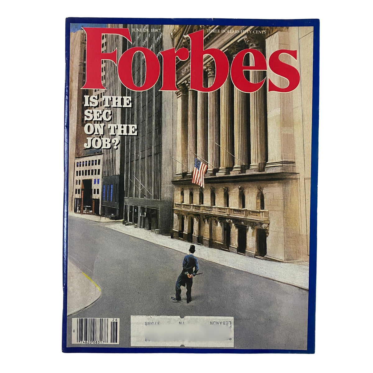 Cover of Forbes Magazine dated June 29, 1987, featuring the title 'Is The SEC On The Job?' with a depiction of a street scene, including American flags and buildings, symbolizing financial regulatory challenges.