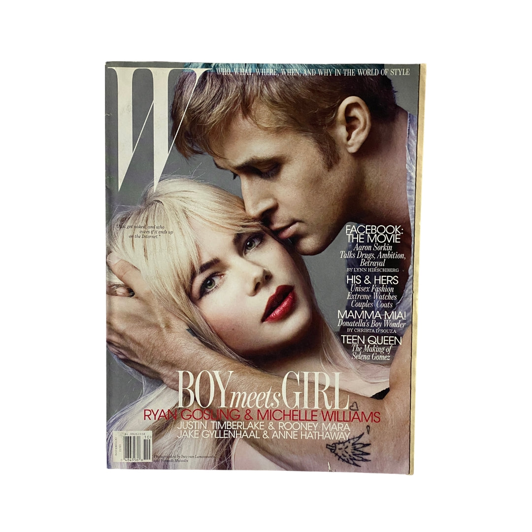 W Magazine October 2010 cover featuring Ryan Gosling and Michelle Williams, showcasing the theme 'Boy Meets Girl' with striking editorial photography.