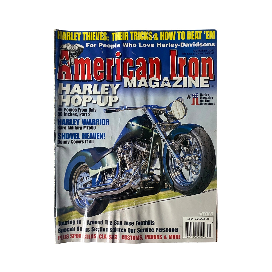 Cover of American Iron Magazine October 2002 featuring a custom motorcycle, highlighting Harley hop-up and motorcycle culture.