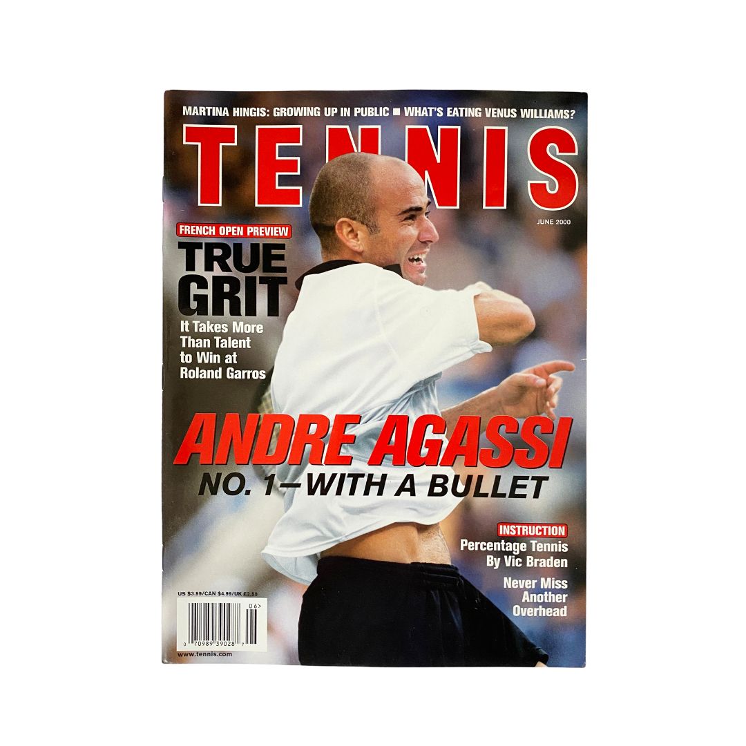 Tennis Magazine June 2000 featuring Andre Agassi on the cover, highlighting him as No. 1 with a bullet. A vintage collectible in very good condition showcasing iconic tennis culture.