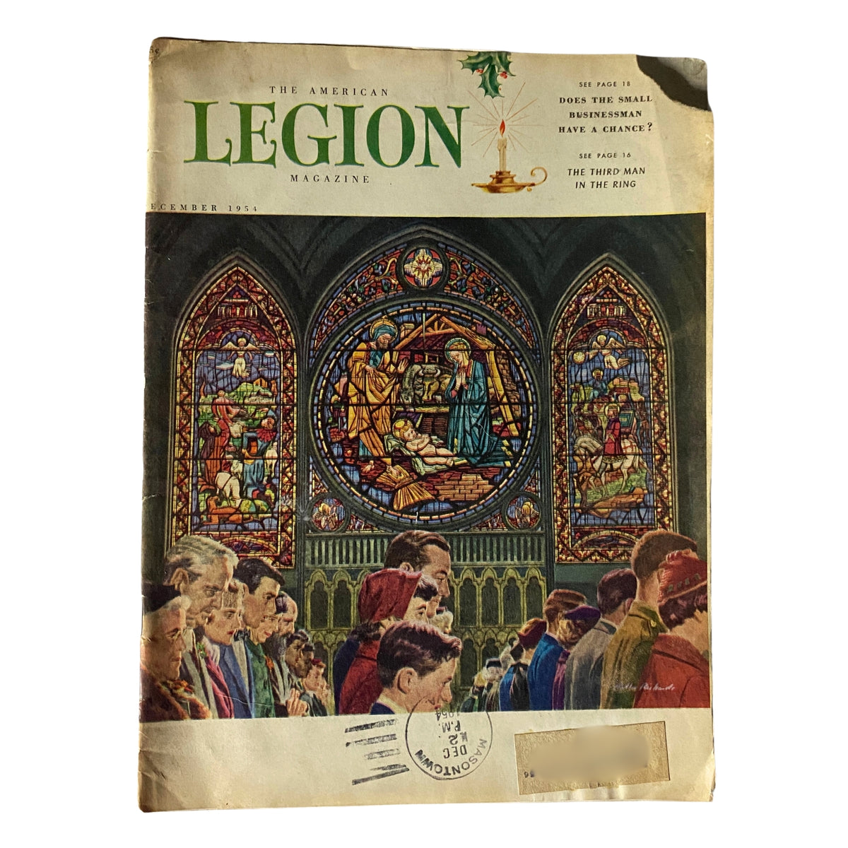 Cover of The American Legion Magazine December 1954 featuring stained glass artwork and a crowd observing, highlighting the theme of the issue and articles such as 'The Third Man in the Ring'.