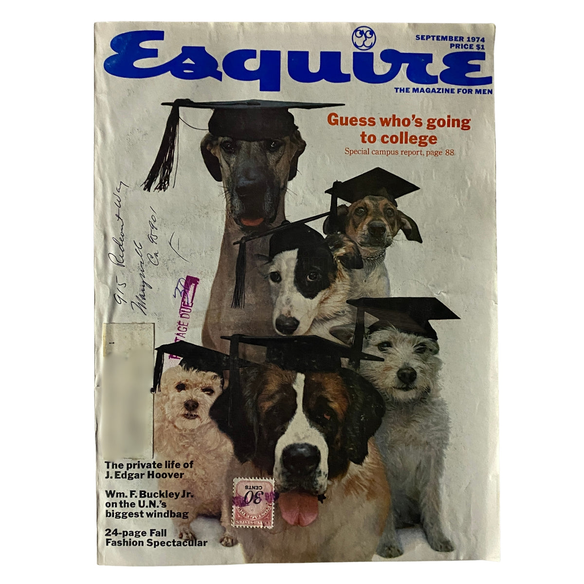 Esquire Magazine September 1974 cover featuring a humorous illustration of dogs in graduation caps, titled 'Guess Who's Going to College Campus Report'.