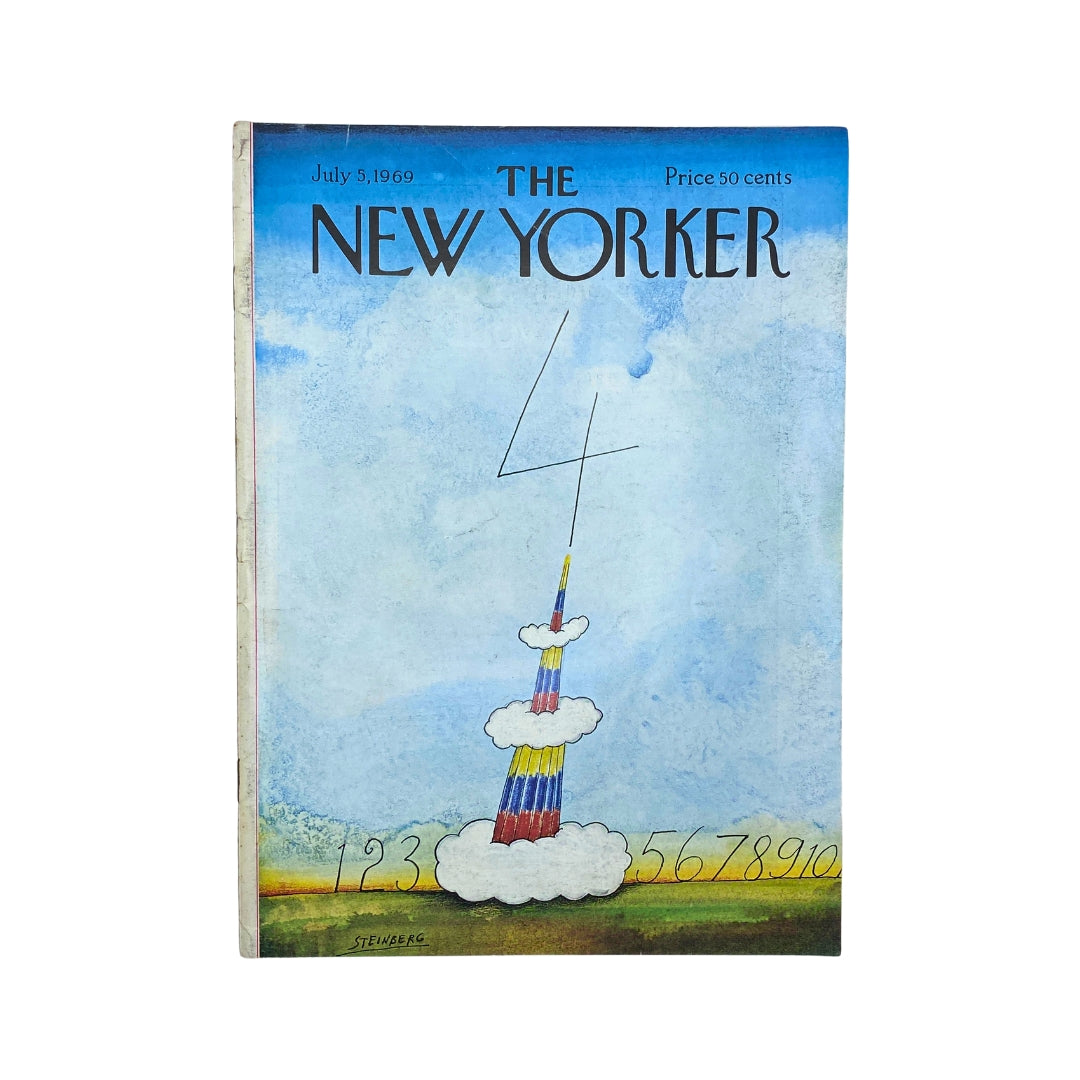 Cover of The New Yorker Complete Magazine July 5, 1969 featuring an illustration by Saul Steinberg. The cover depicts a whimsical tower design against a blue sky.