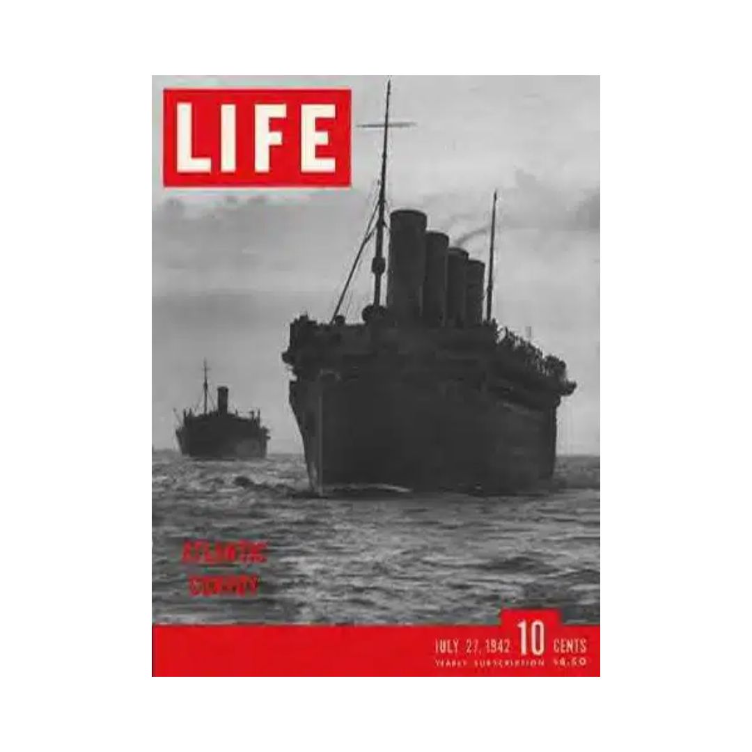 Vintage Life Magazine cover from July 27, 1942, featuring 'The Atlantic Convoy' theme with ships at sea, showcasing historical wartime imagery.