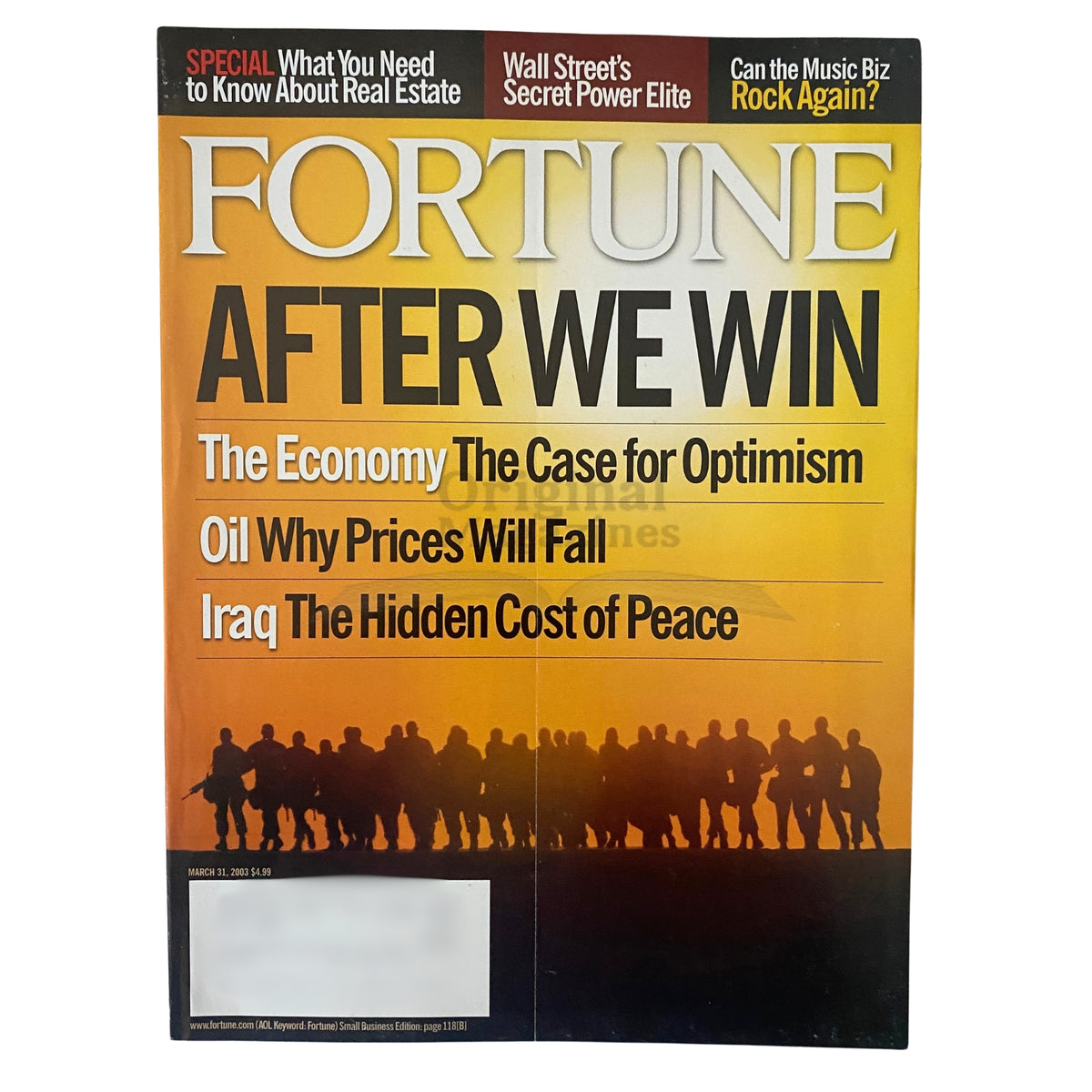 Fortune Magazine March 31, 2003 cover featuring the title 'The Economy: The Case for Optimism', highlighting articles on oil prices and Iraq's hidden costs, showcasing vintage magazine history.