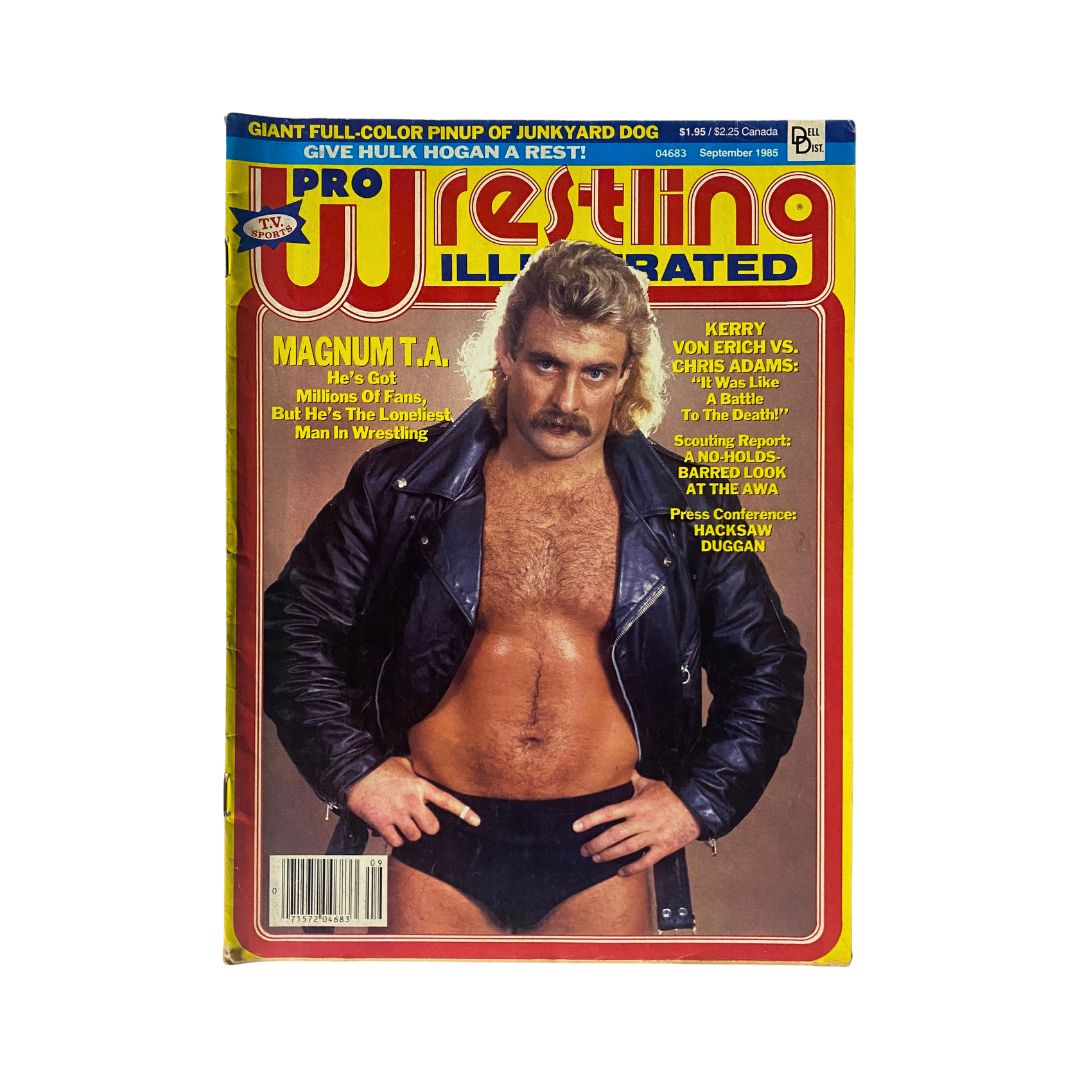 Pro Wrestling Illustrated Magazine September 1985 cover featuring Magnum T.A. in a black leather jacket and wrestling attire, showcasing his iconic look and charisma.