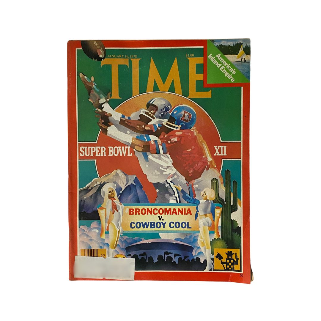 Vintage Time Magazine cover from January 16, 1978 featuring Super Bowl XII, depicting a dramatic football play between Denver Broncos and Dallas Cowboys with the headline 'Broncomania v. Cowboy Cool'.
