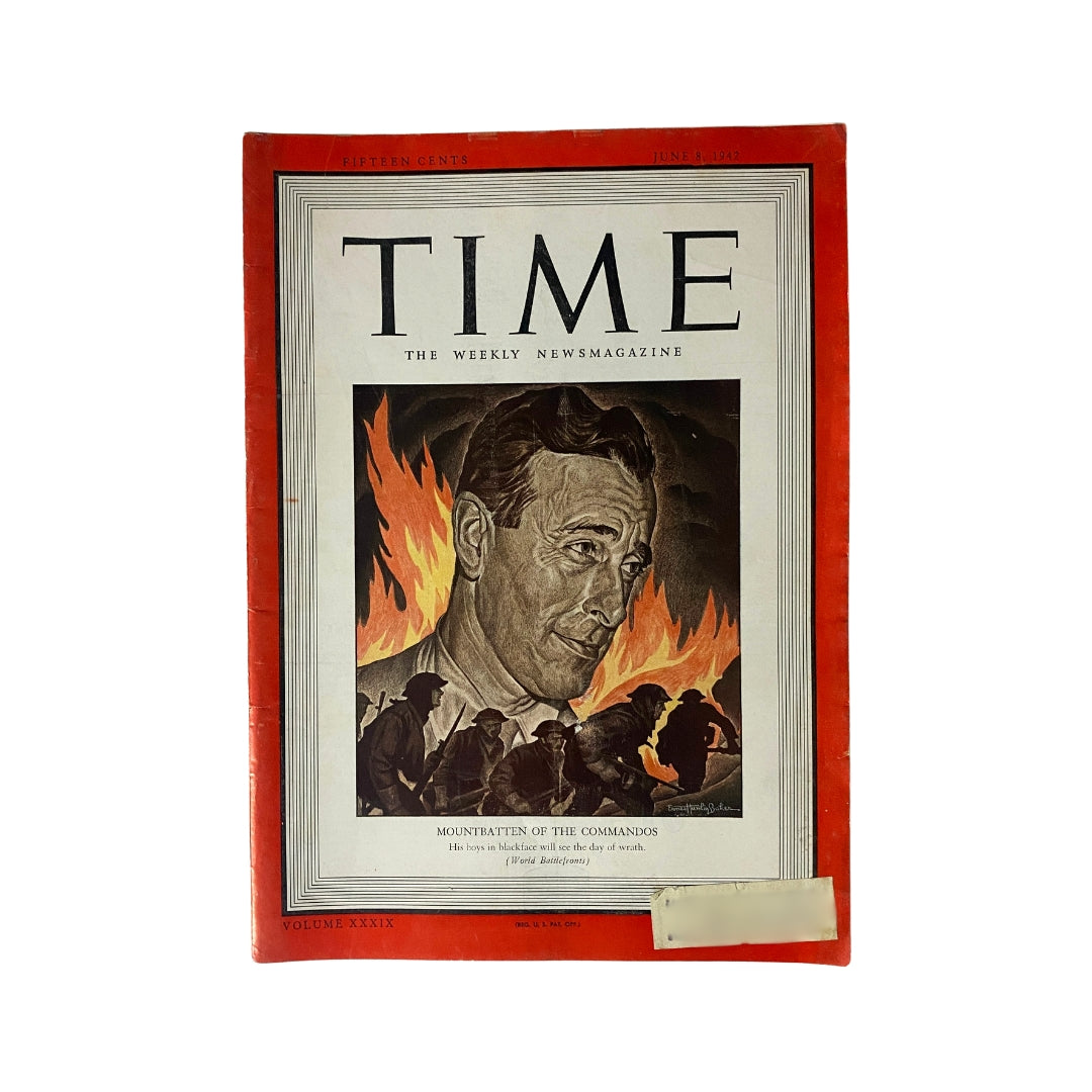 Cover of VTG Time Magazine June 8, 1942, Vol 39 No. 23 featuring Lord Louis Mountbatten of The Commandos with dramatic imagery of flames and soldiers, highlighting the wartime theme.