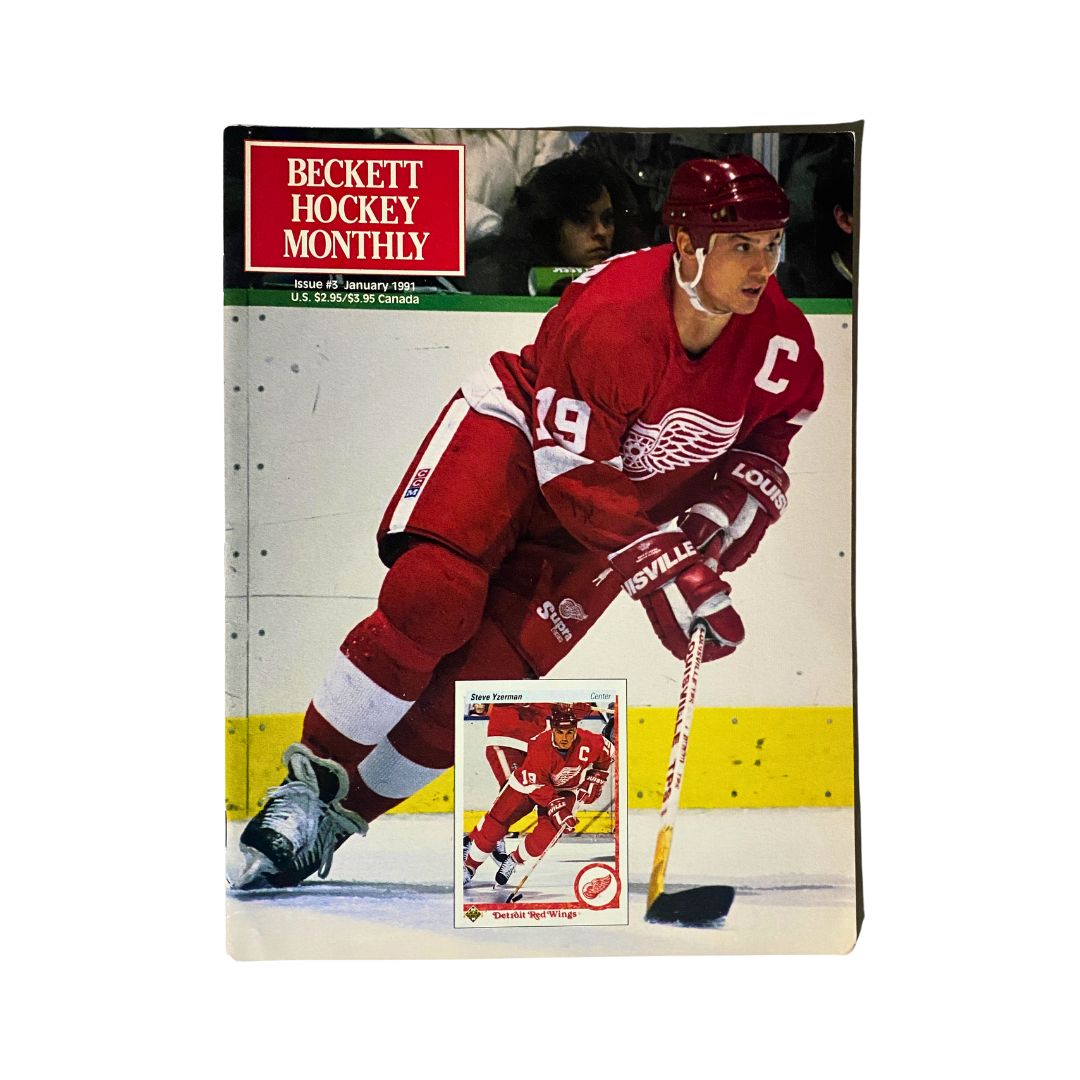 Beckett Hockey Monthly Magazine January 1991 issue #3 featuring Steve Yzerman on the cover, showcasing his iconic presence as a Detroit Red Wings captain during a hockey game.