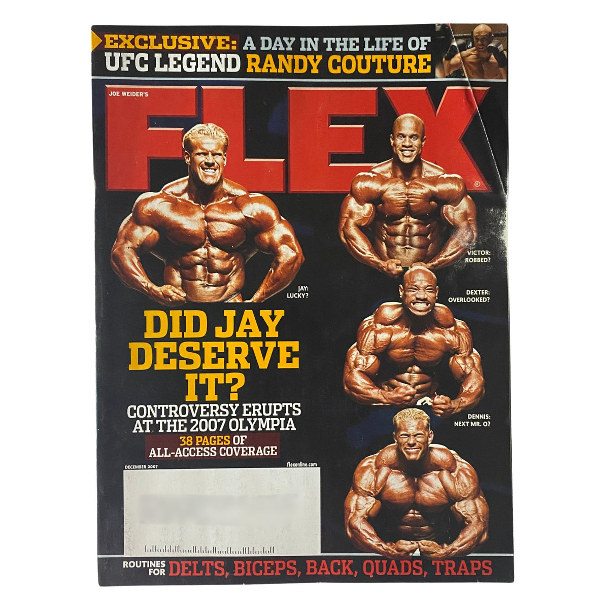 Cover of Flex Magazine December 2007 featuring Jay Cutler, Victor Martinez, and Dennis Wolf with the headline discussing Jay Cutler's victory at the 2007 Mr. Olympia.