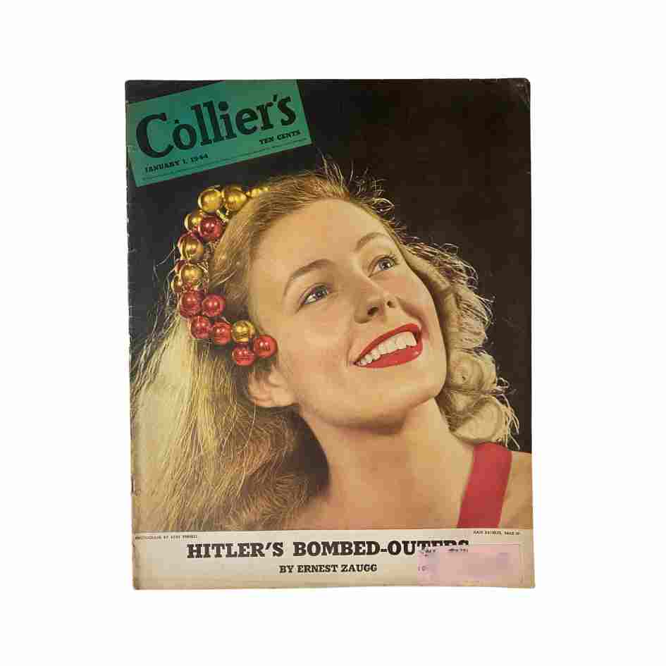 VTG Collier's Magazine January 1, 1944 Cover Photograph by Toni Frissell, featuring a smiling woman with a festive hair accessory and the title 'HITLER'S BOMBED-OUTS' by Ernest Zaugg.