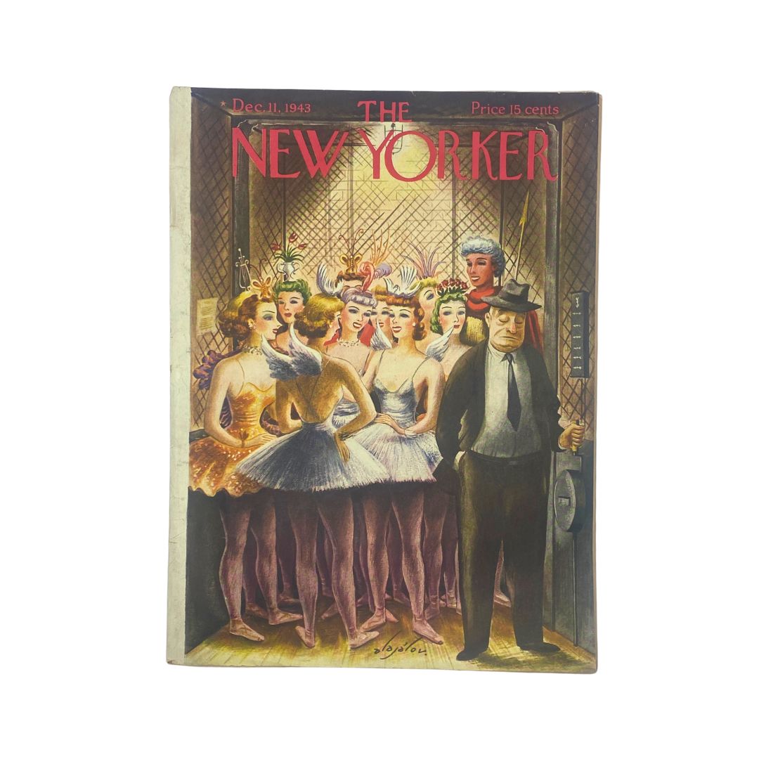 The New Yorker Complete Magazine December 11, 1943 featuring a vibrant cover illustration by Constantin Alajalov depicting a group of dancers in an elevator.