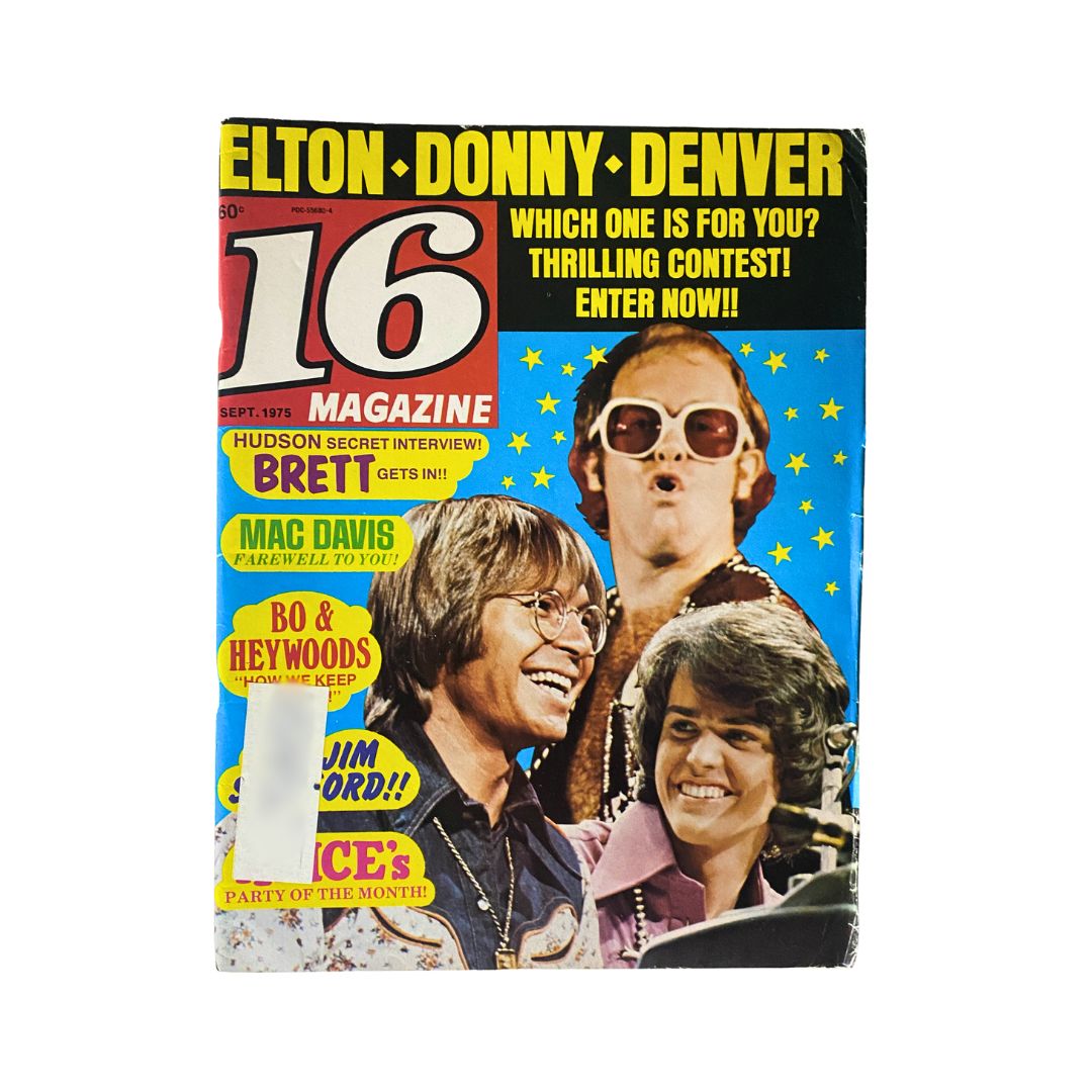 Vintage 16 Magazine September 1975 cover featuring Randy Mantooth and The Tiger, with colorful designs and notable celebrities including Elton John and Donny Osmond.