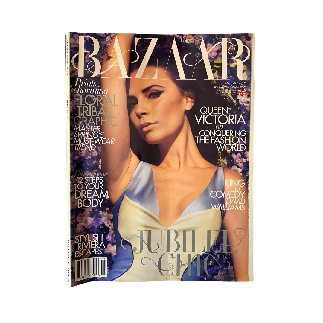 Harper's Bazaar UK Magazine May 2012 featuring Victoria Beckham on the cover, showcasing a stunning fashion editorial with vibrant colors.