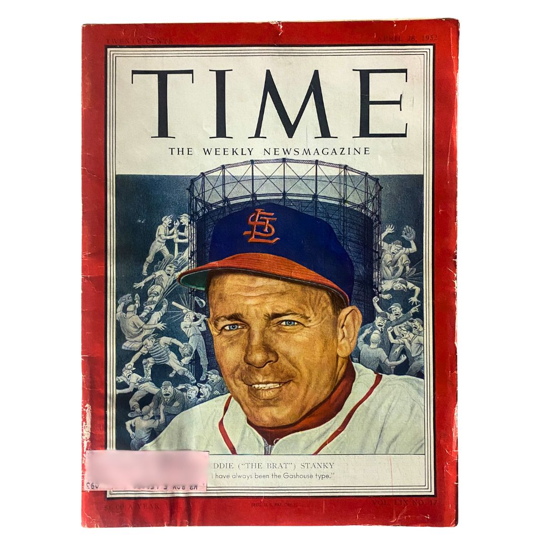VTG Time Magazine April 28, 1952, featuring Eddie 'The Brat' Stanky on the cover, showcasing a vintage baseball theme and historical significance.