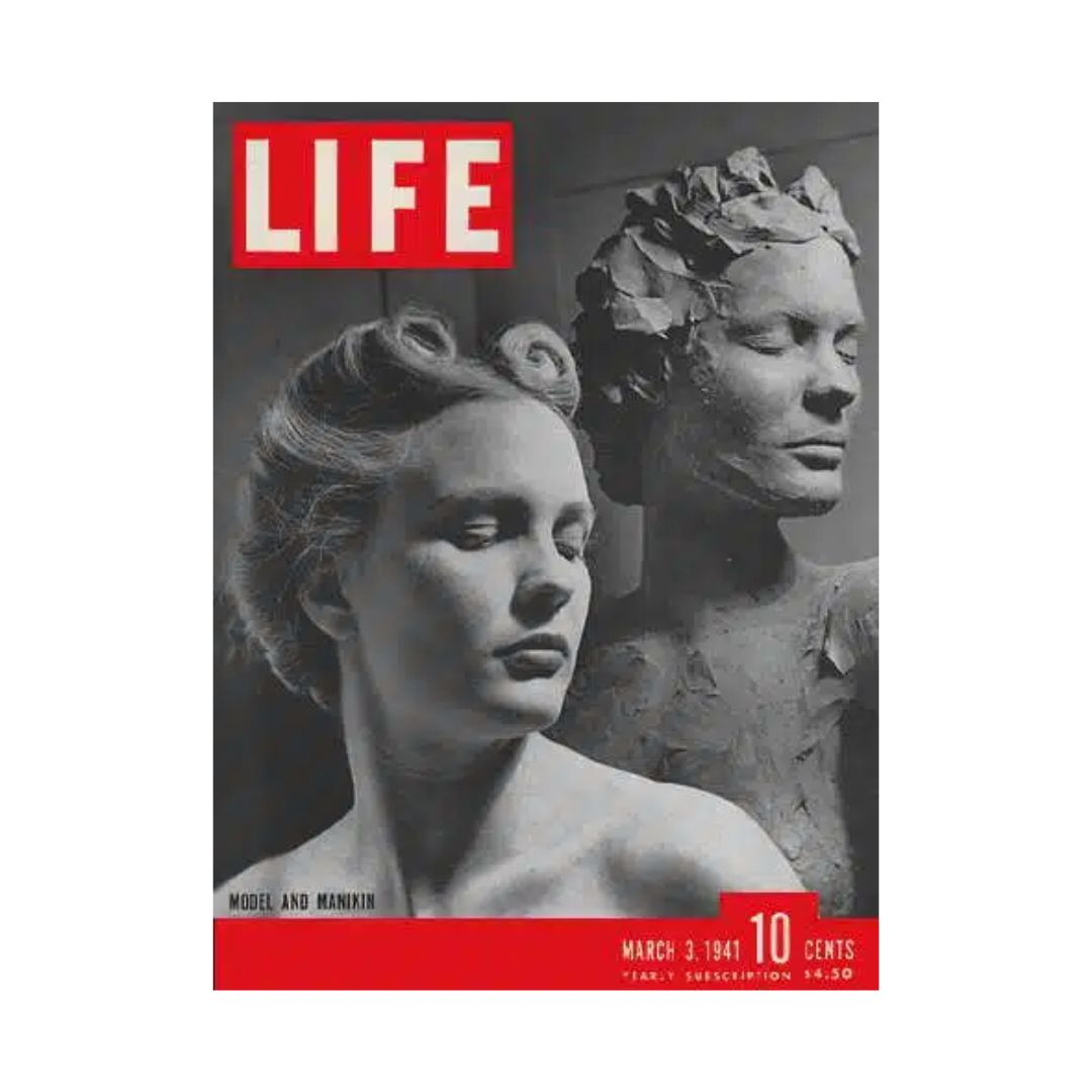 Cover of VTG Life Magazine from March 3, 1941, featuring mannequin model Helen Johnson alongside a sculpture, showcasing vintage photography and historical artistry.
