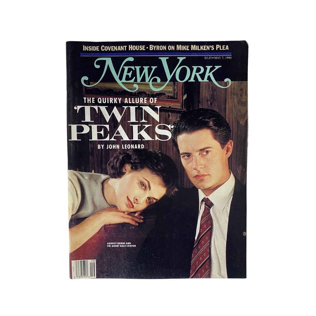 Cover of New York Magazine from May 7, 1990, featuring iconic characters Audrey Horne and Dale Cooper from Twin Peaks, reflecting the show's cultural impact.