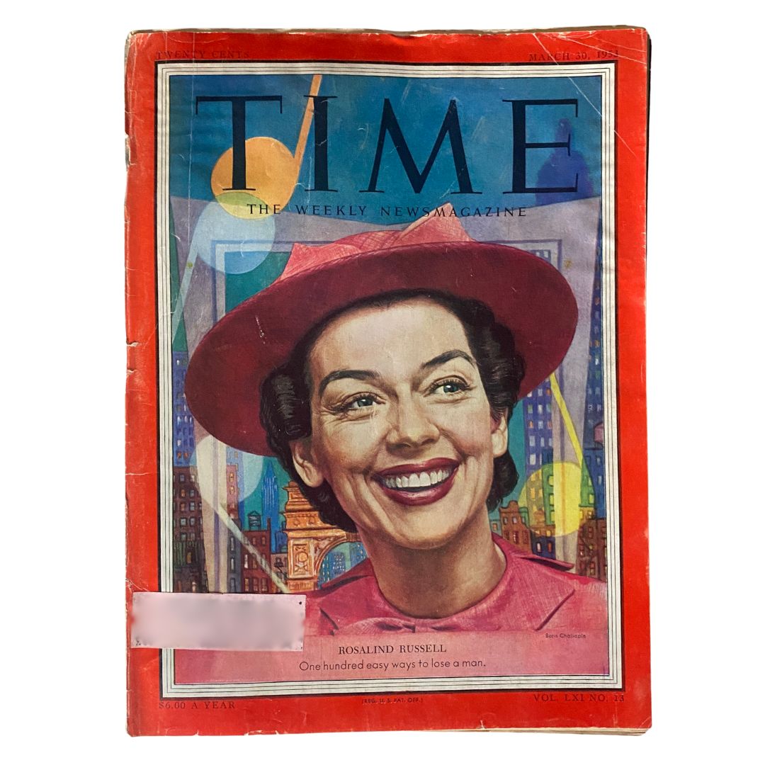Cover of VTG Time Magazine March 30, 1953 Vol 61 No. 13 featuring actress Rosalind Russell in a vibrant pink outfit and hat, symbolizing the elegance of 1950s fashion.
