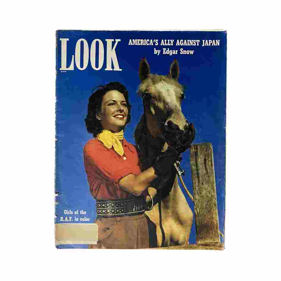 Cover of VTG Look Magazine June 30, 1941 featuring 'Girls of the R.A.F. in Color' and the article 'America's Ally Against Japan' by Edgar Snow, showcasing a woman with a horse against a blue background.