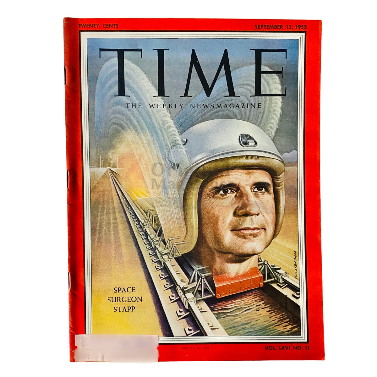 Cover of Time Magazine from September 12, 1955, featuring Space Surgeon John Stapp, highlighting advancements in aerospace medicine and safety research.